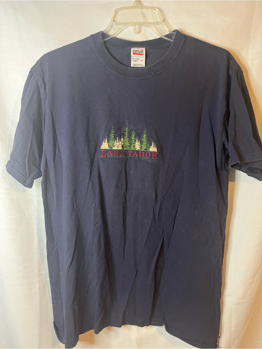 Anvil Navy Lake Tahoe Embroidered Pine Graphic Tee